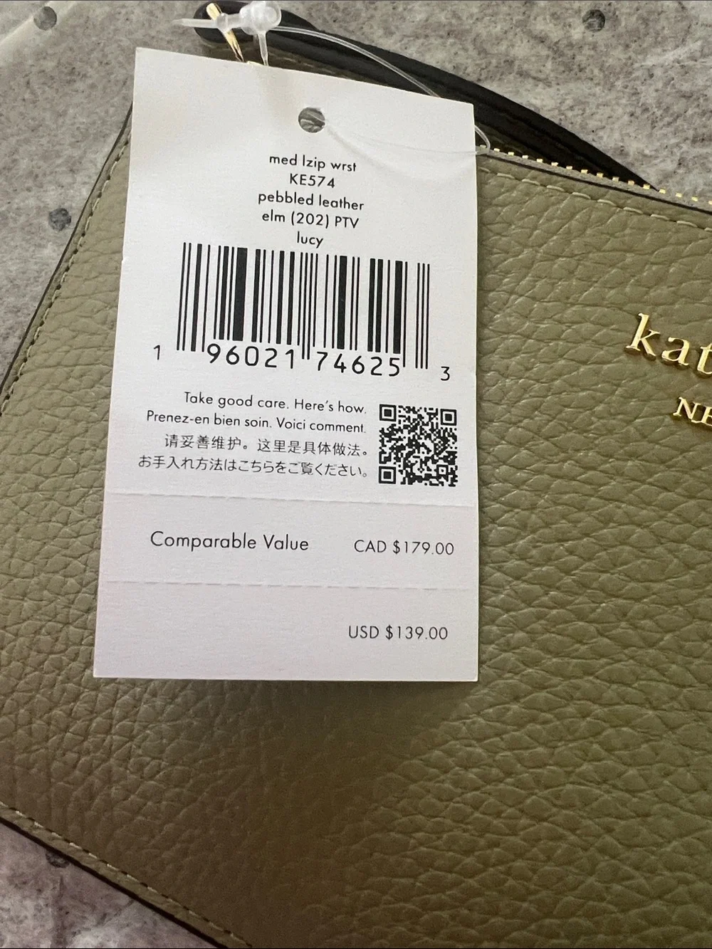 NWT Kate Spade Lucy Pebbled Leather Medium L-Zip Wristlet  Olive Green